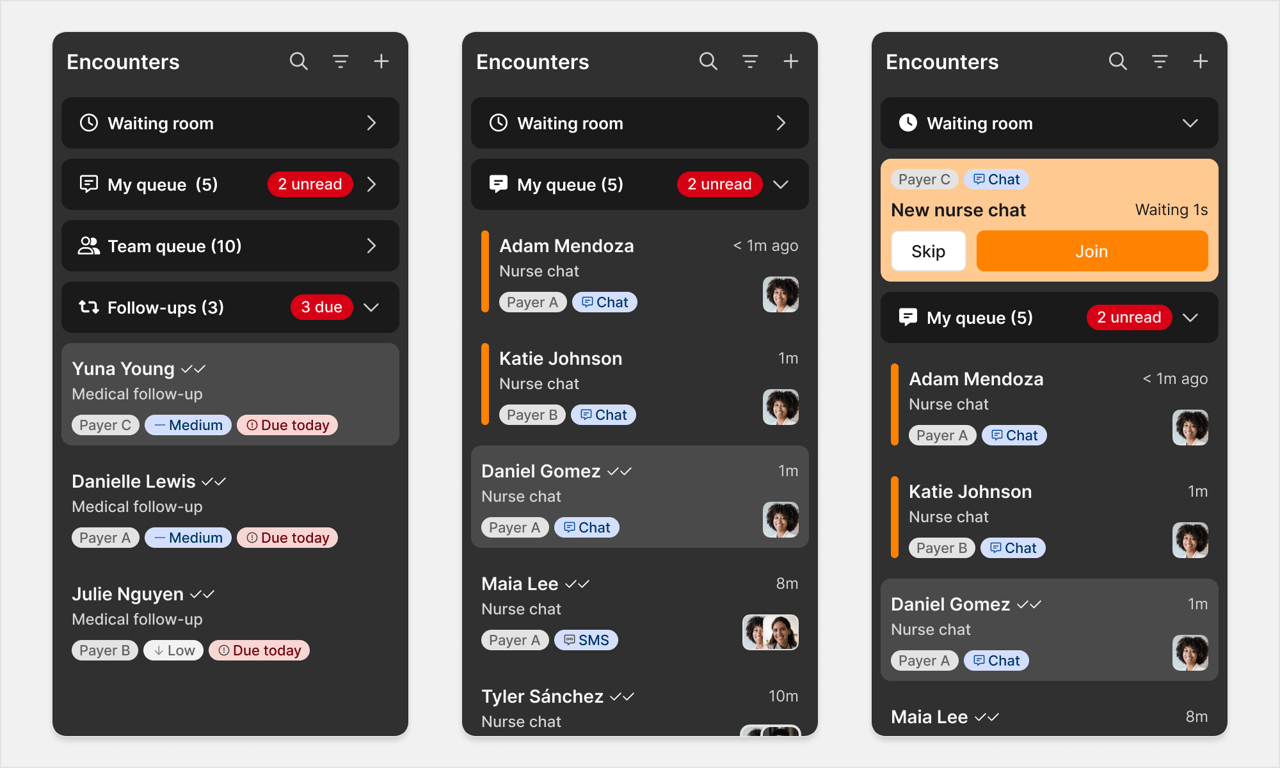 After: the unified stacked queue, sorted by wait time, with a new-message signal visible.