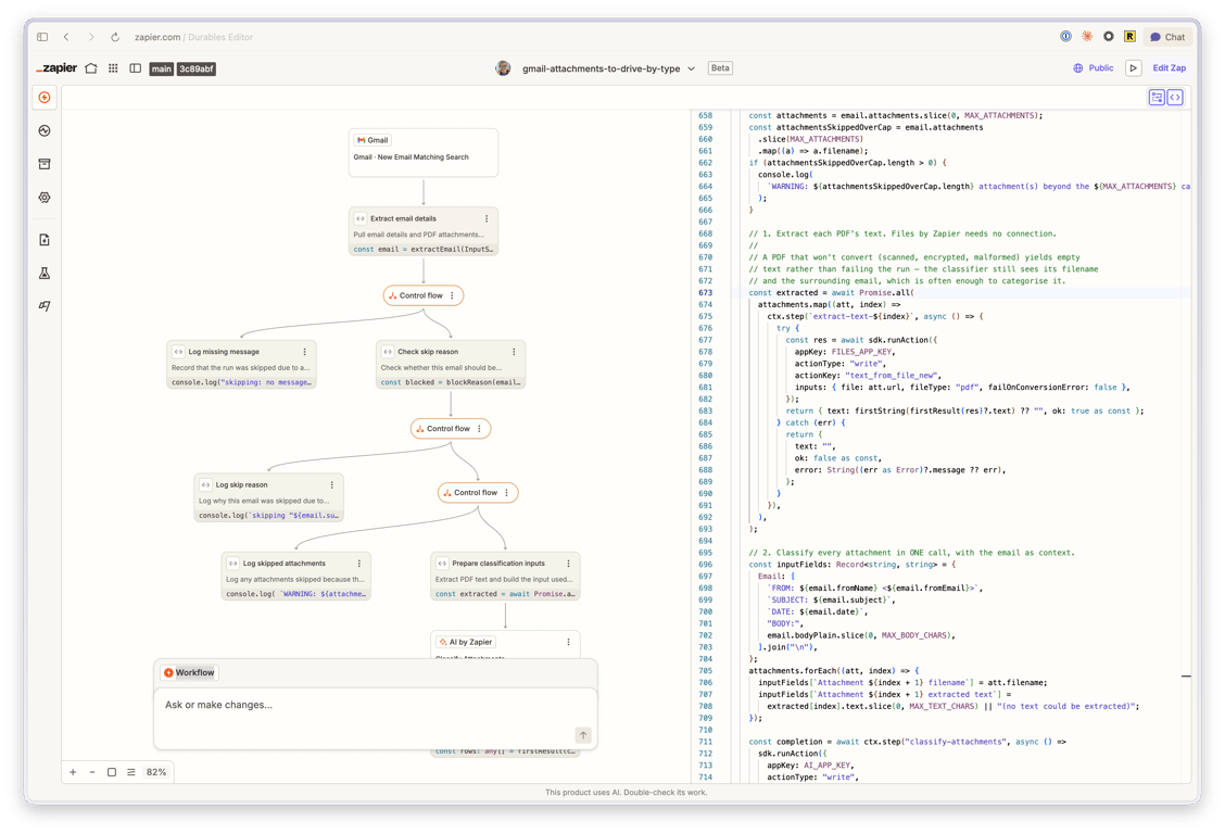 A Next Gen Zap: visual diagram on the left, but all the magic happens in code on the right