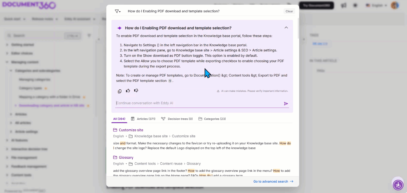 Document360 search analytics dashboard interface