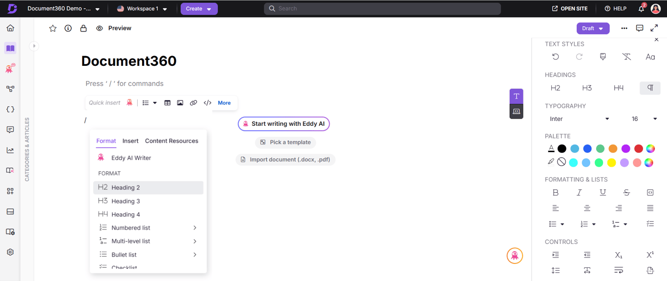 Document360 markdown editor interface