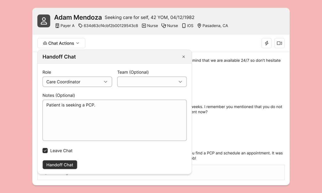 Before: Modal covering the chat transcript. 53% task completion · 48.9s avg. time on task · 22/30 participants hesitated