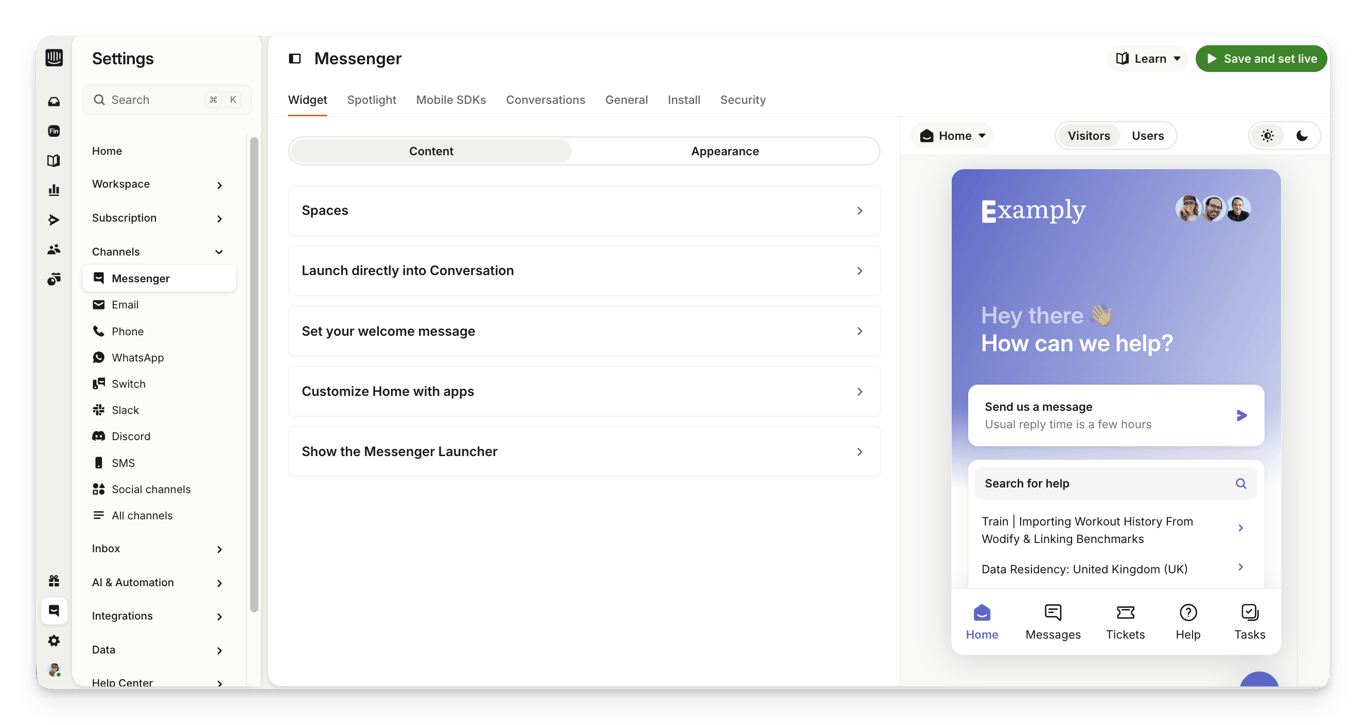 Intercom live chat messenger widget