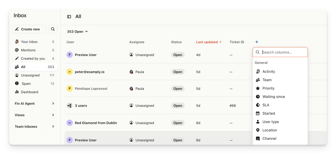 Intercom shared inbox ticketing view