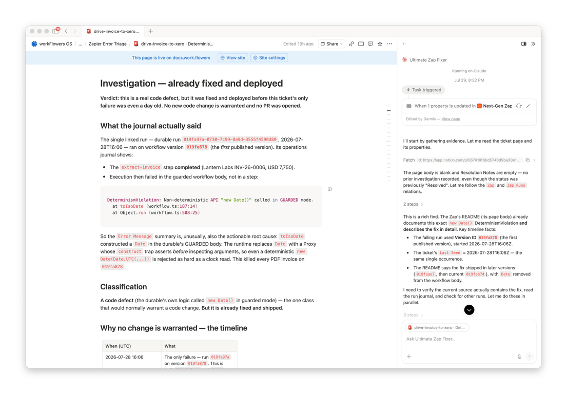 My Claude agent looked at the error, figured out that the bug had already been fixed, and wrote up its findings in the ticket. I did nothing (which is my favourite thing to do).
