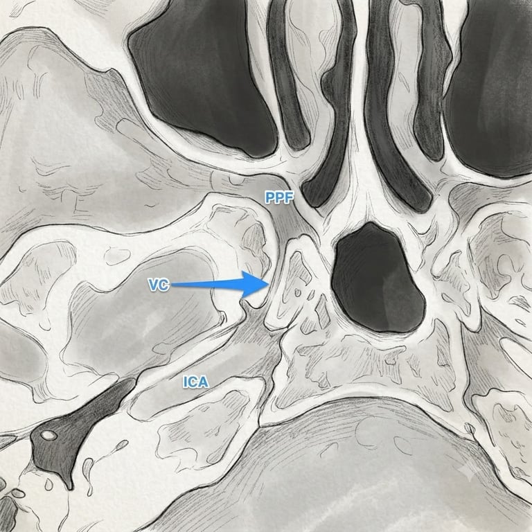 Vidian canal (VC) is well seen on the right passing to the pterygopalatine fossa (PPF). It contains the vidian artery, a branch from the internal carotid artery (ICA)