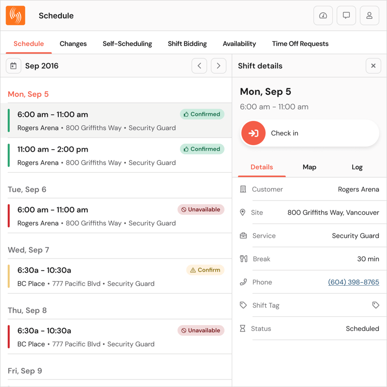 Schedule: Employees can check in, check out, start a break, end a break, and perform safety checks.