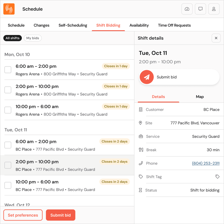 Shift bidding: Team members can express interest in working an open shift.