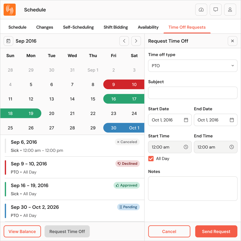 Time off requests: Team members can view accruals and submit requests for approval.