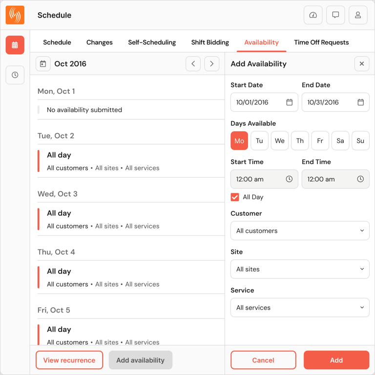 Availability: Team members can submit and communicate their availability to supervisors in real-time, ensuring team members only get scheduled when they are available.
