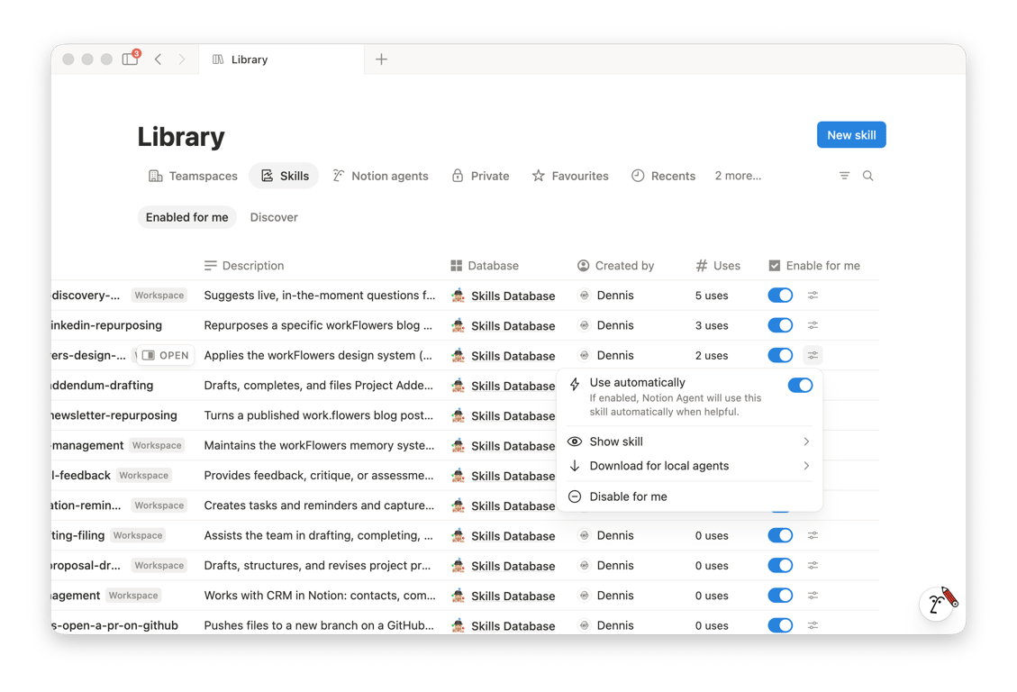 … or when viewing the list of skills in your Library