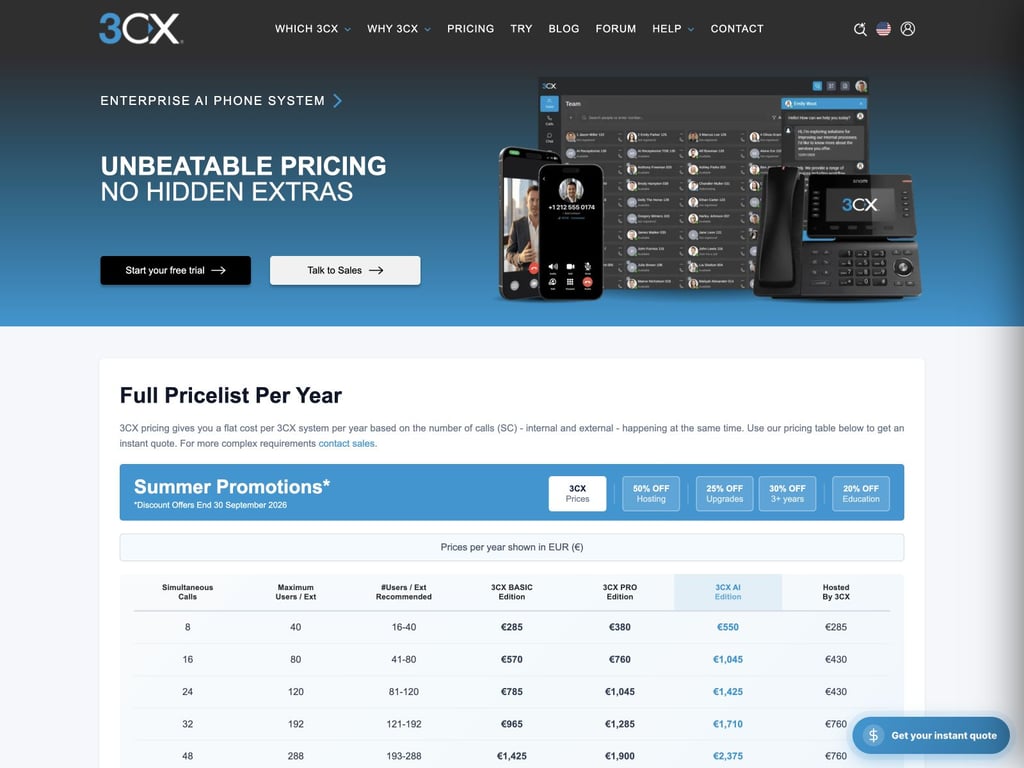 3CX publishes its full pricelist in euros. Captured 26 August 2026.