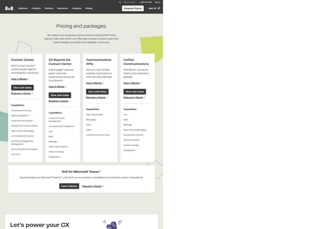 8x8's own pricing page, captured 21 August 2026. No price is shown for any package.