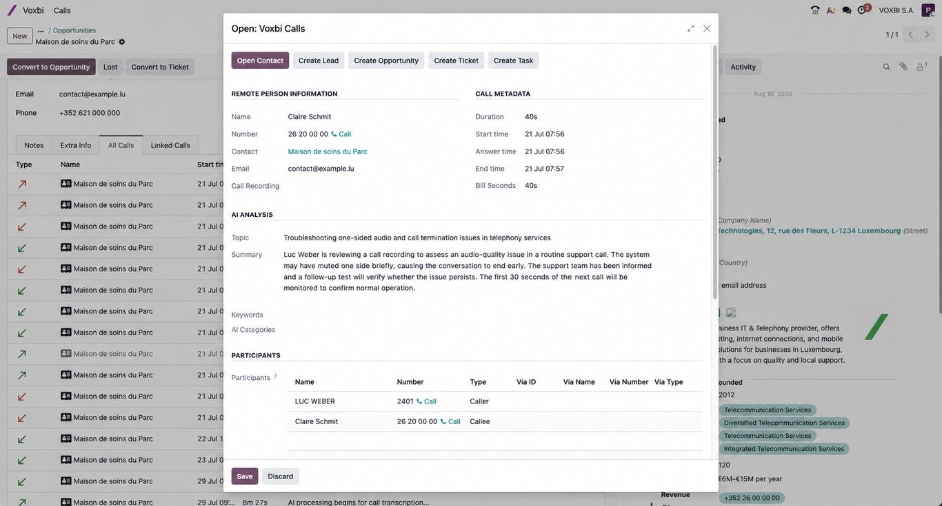 What lands on the Odoo record after a call. Captured 02-09-2026.