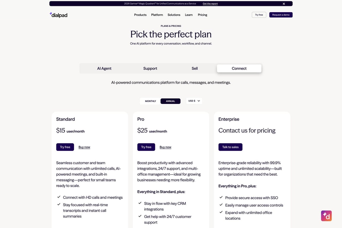 Dialpad Connect pricing, captured 24 August 2026.