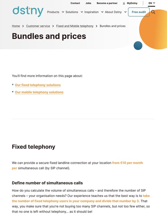 The only euro price Dstny publishes for business telephony. Captured 19 August 2026.