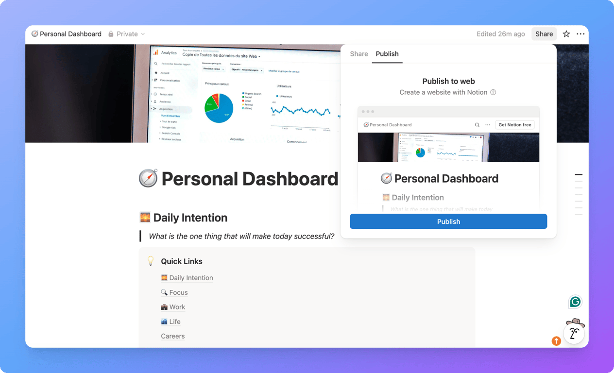 Making a Notion dashboard public using share to web