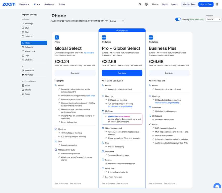 Zoom Phone plan prices in euros, excluding VAT, captured 26 August 2026.
