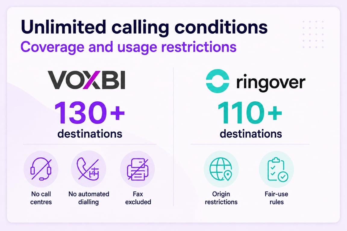 Comparison of the destination coverage and usage restrictions of Voxbi and Ringover unlimited-calling packages.