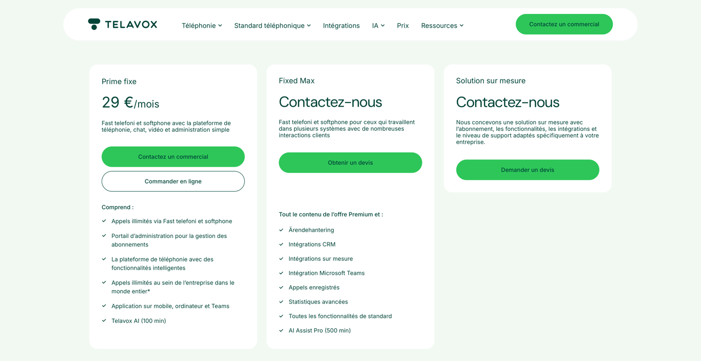 Telavox public pricing, captured 26 August 2026.