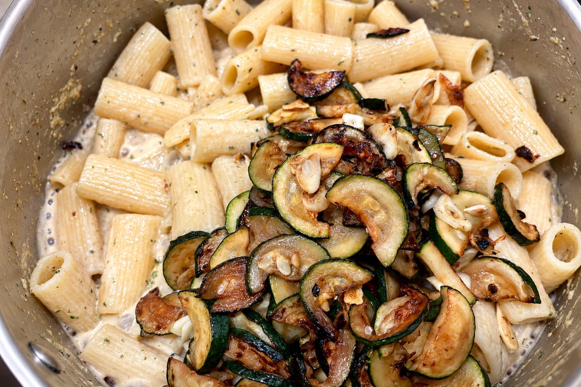 Fold the remaining browned zucchini into the sauced rigatoni so it keeps its caramelized edges and texture.