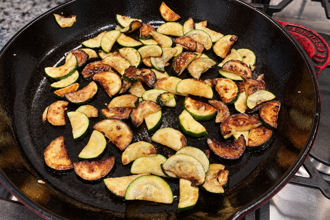 Cook the zucchini in batches so the pieces caramelize against the skillet instead of steaming.