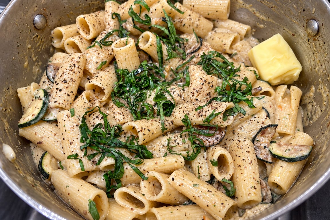 Finish the pasta off the heat with butter, lemon, basil, and black pepper for a glossy, balanced sauce.