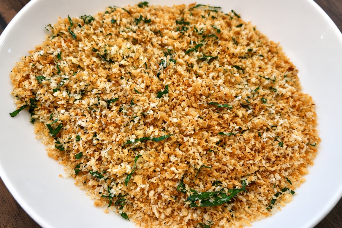 Toast the panko until it is deeply golden, then transfer it to a bowl to stop the cooking.