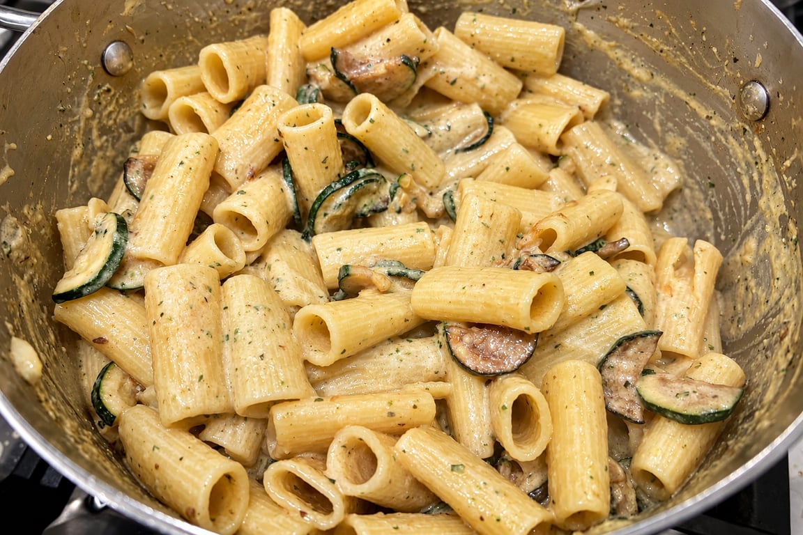 Let the rigatoni finish cooking in the skillet so it absorbs the zucchini sauce.