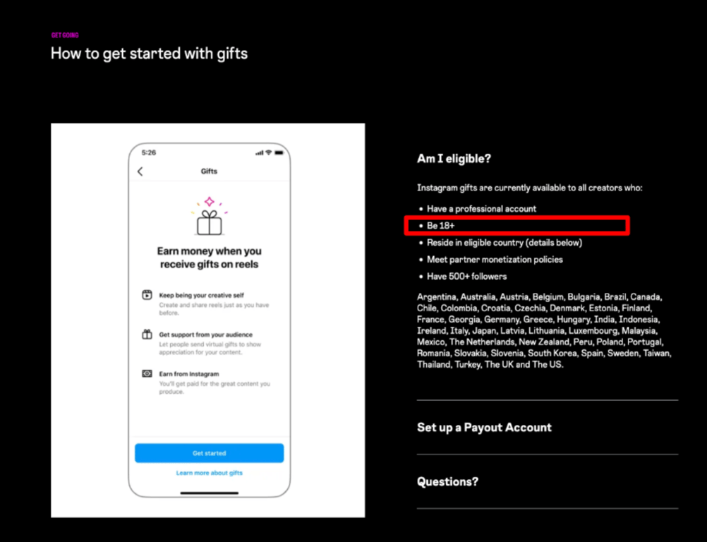 Figure 1: Example of eligibility requirements for Instagram Gifts [Accessed: Aug 2026]