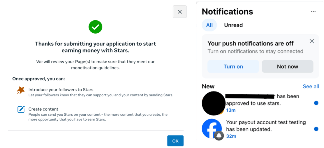 Figure 15: Confirmation of Facebook Stars monetization agreement under the name ‘Test Testing’ [accessed: Sept. 2026]   
