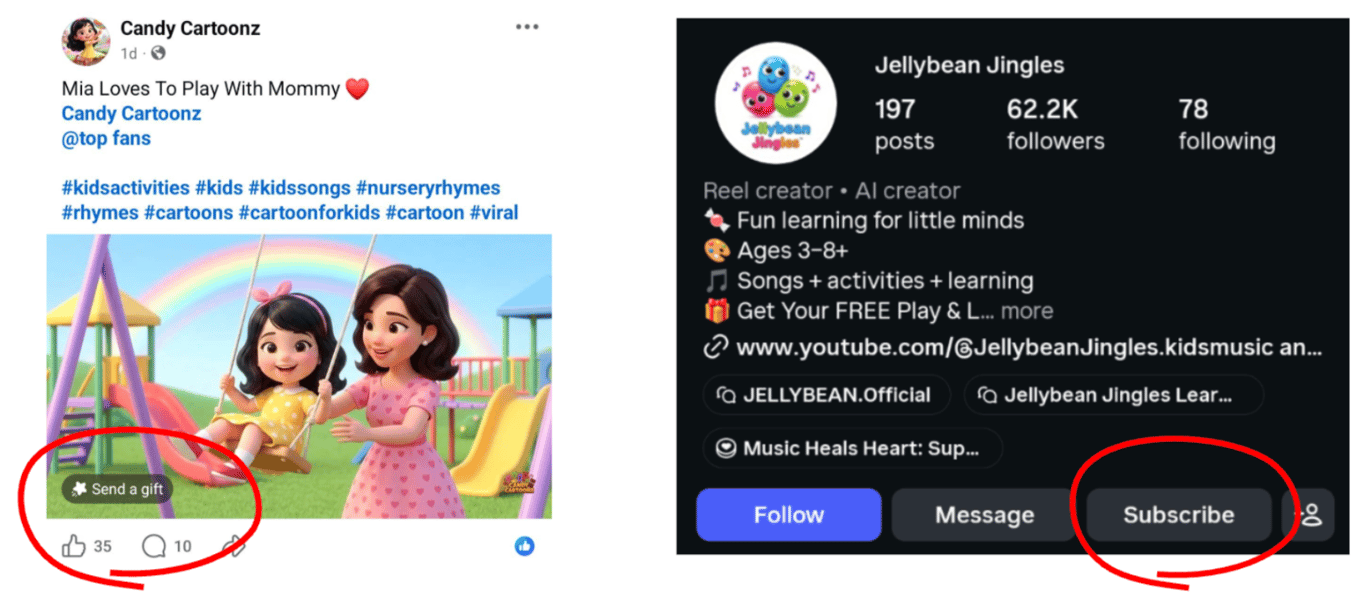 Figure 4: Examples of Facebook and Instagram child-focused accounts with access to Stars and Subscription  [Accessed: Aug 2026]