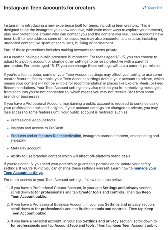 Figure 10: Meta’s help page for its Instagram Teen Accounts for Creators  [Accessed: Aug 2026]