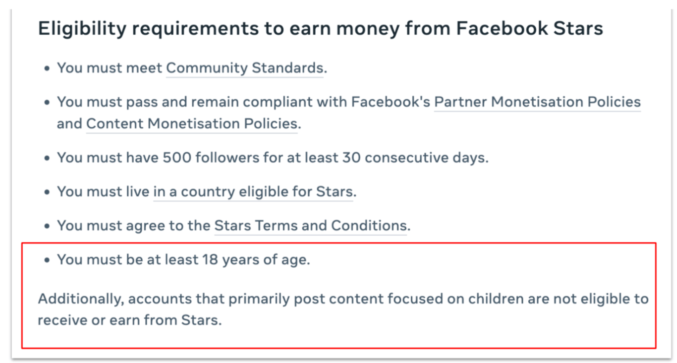 Figure 2: Eligibility Requirements for Facebook Stars [Accessed: Aug 2026]