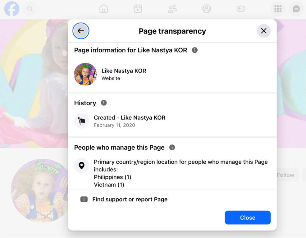 Figure 7: Example of monetized Facebook account that could be impersonating a child  [Accessed: Aug 2026]