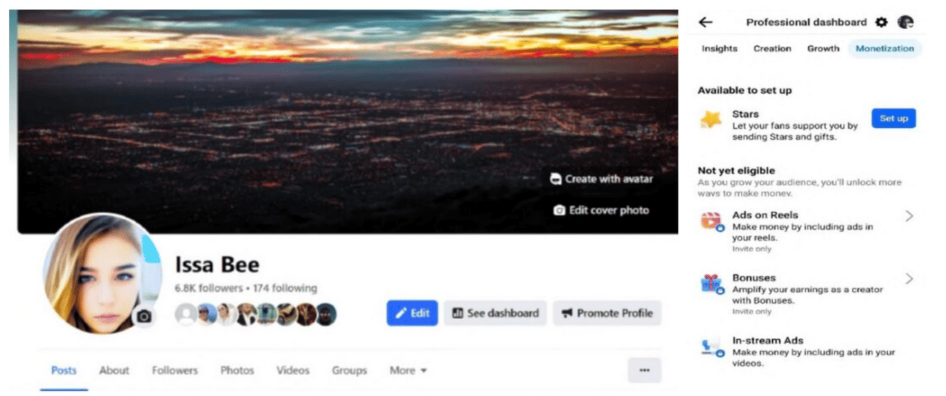 Figure 9: evidence of account’s professional dashboard with the Facebook Stars set up module unlocked [source: State of New Mexico] 