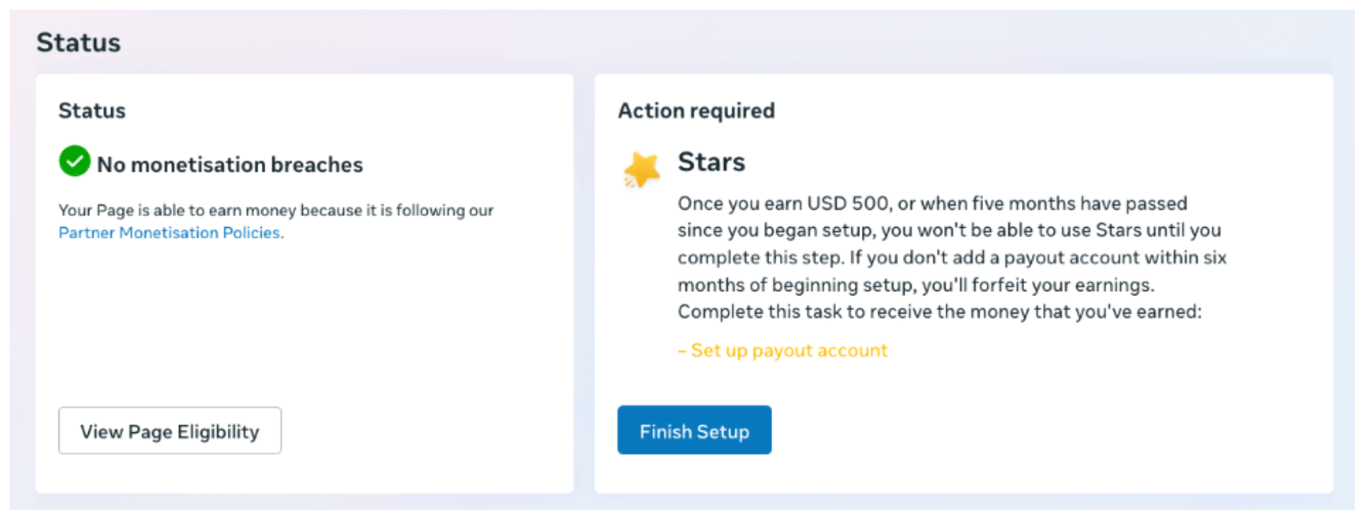 Figure 16: Facebook dashboard indicating that account may accrue up to $500 before completing payout setup [accessed: Sept. 2026].