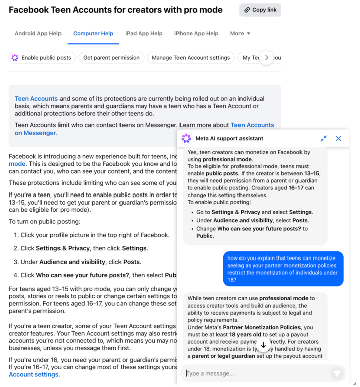 Figure 11: Meta’s help page for its Facebook Teen Accounts for Creators with Pro Mode  [Accessed: Aug 2026]