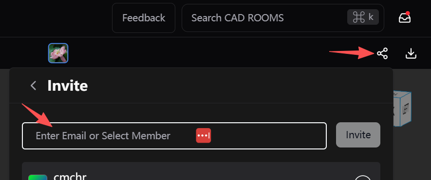 CAD ROOMS sharing dialog for inviting an external supplier to a specific CAD file with controlled access. See Secure External Collaboration with Guest Sharing and File Release Management.