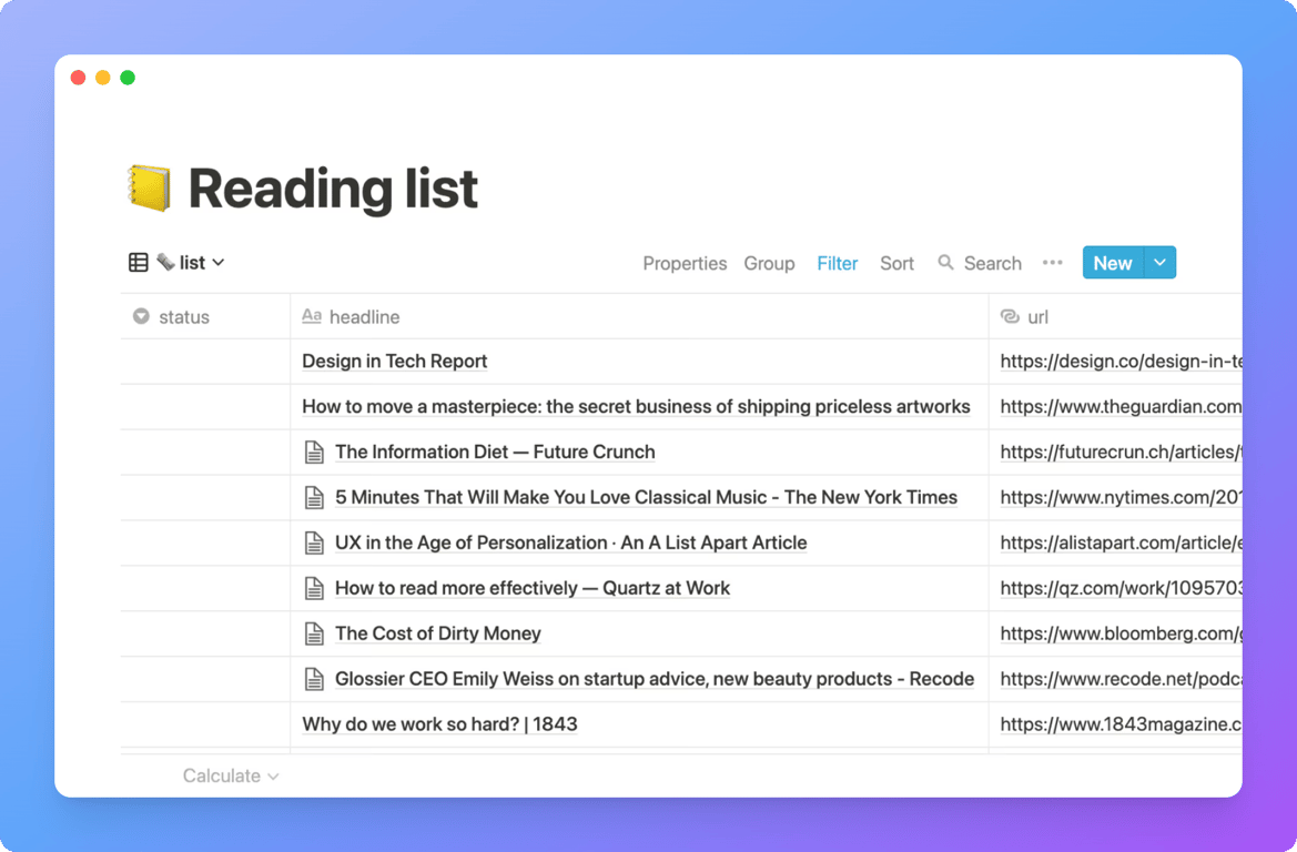Reading List Notion template