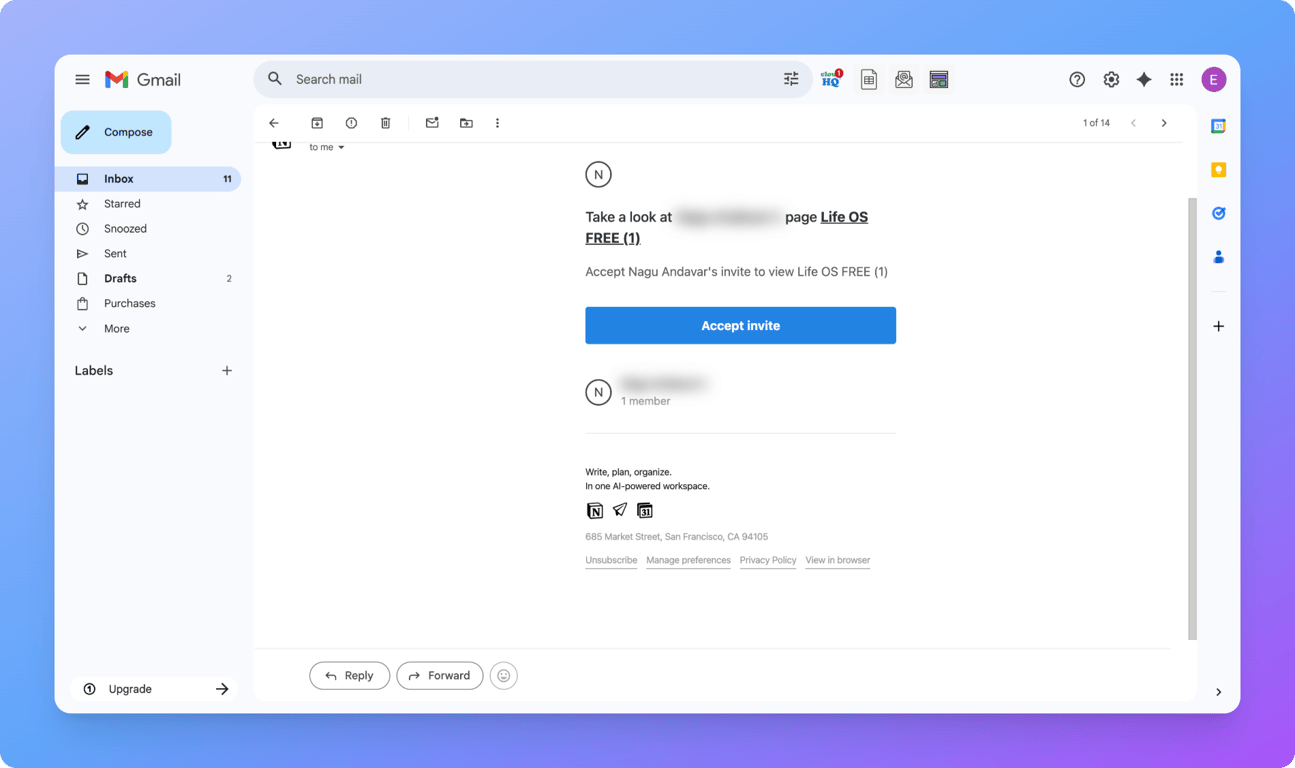 Notion workspace showing the shared page invite visible