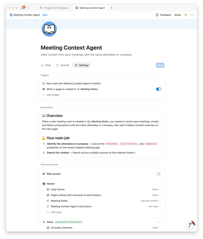 A Custom Agent that provides context on upcoming meetings