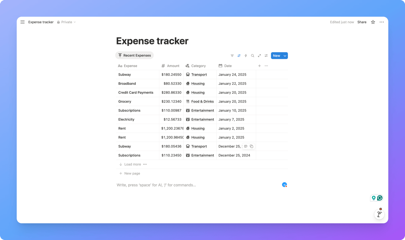 Notion expense tracker showing number column setup.