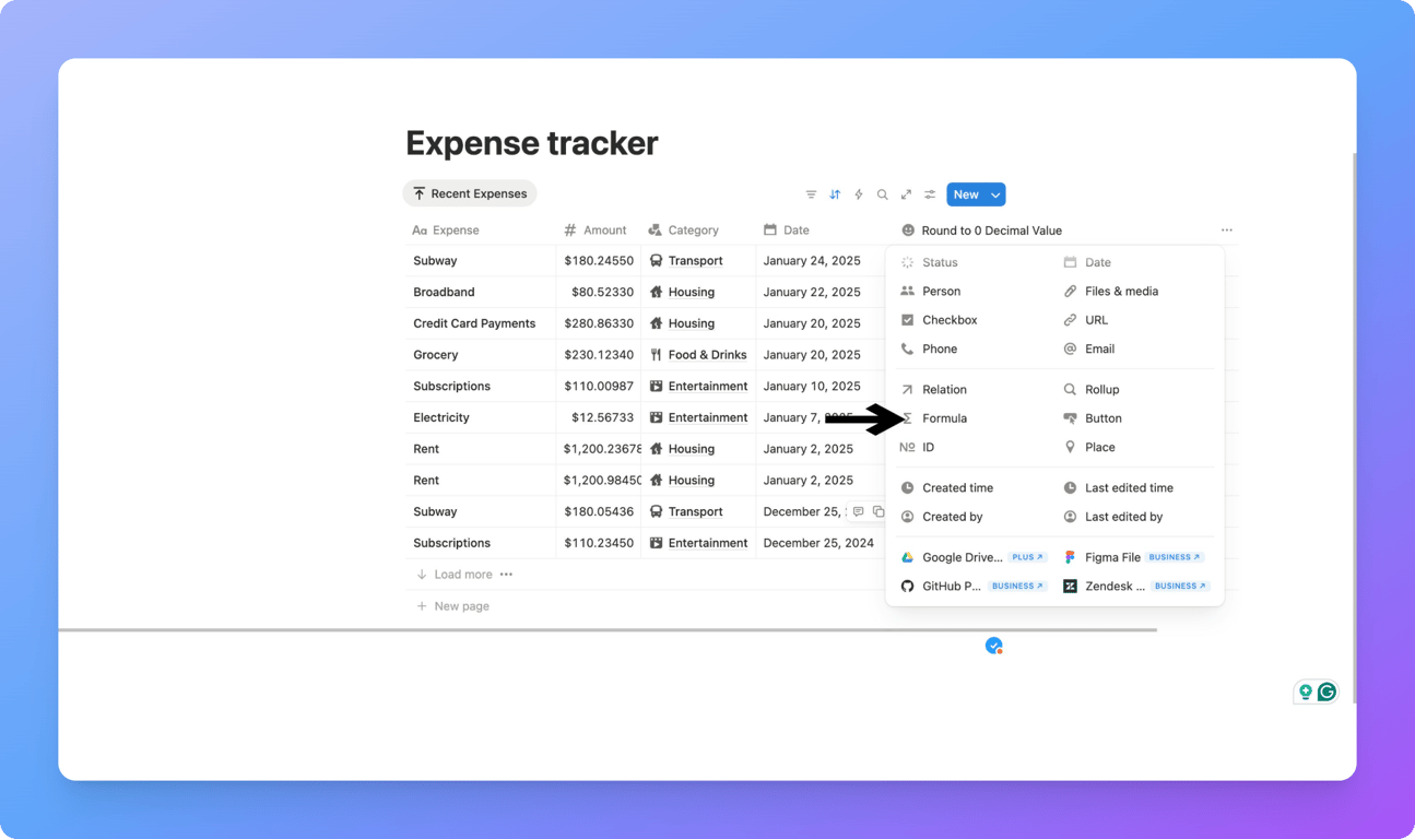 Creating a formula column in Notion.