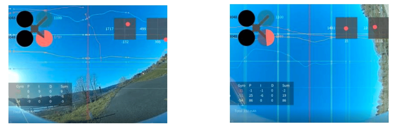 Examples of flight footage used for handling quality assessments. Left, takeoff; Right, 90-degree bank. “Quadcopter” view is an iNav issue.
