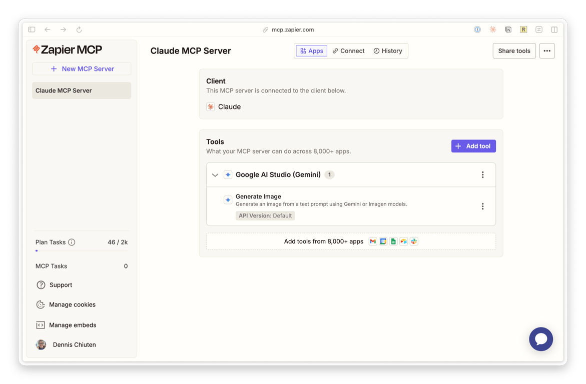 Zapier MCP configuration, with the Google AI Studio (Gemini) Generate Image action exposed as a tool