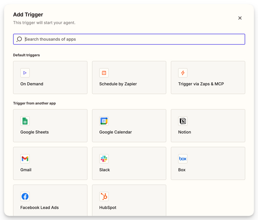 The trigger options for Zapier Agents are virtually endless