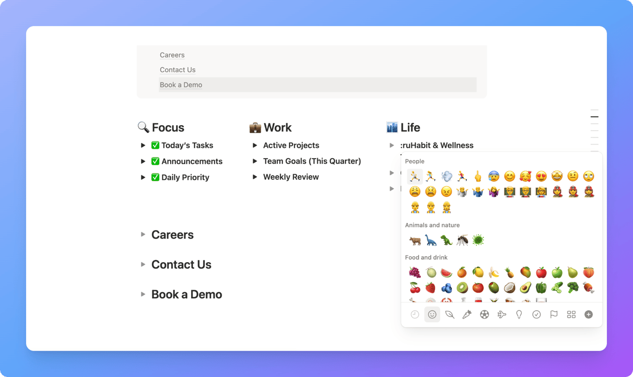 Adding emojis to Notion dashboard section headings