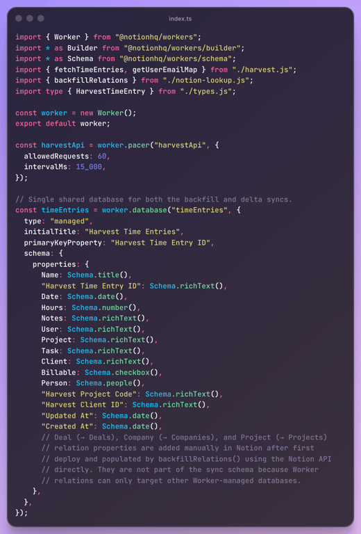 The code to create my database for storing time entry data from Harvest. 