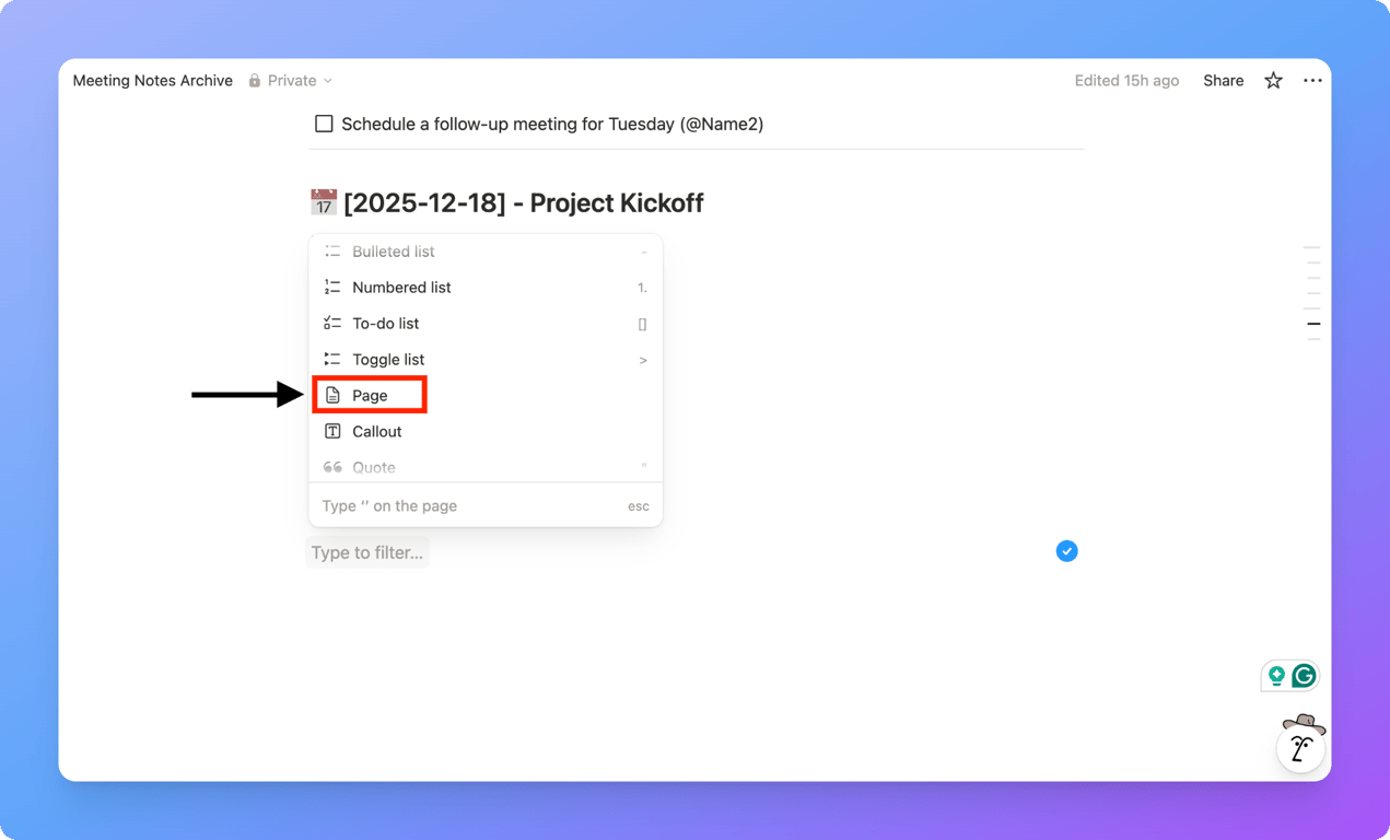 Adding a sub-page inside a parent page in Notion to create a folder structure