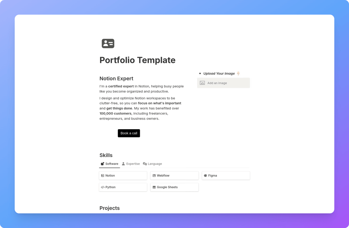Free freelancer Notion portfolio template